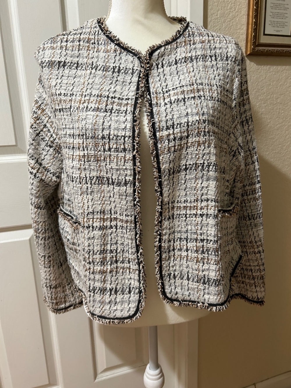 Max Studio Cream Tweed Open-Front Jacket with Black & Brown Accents